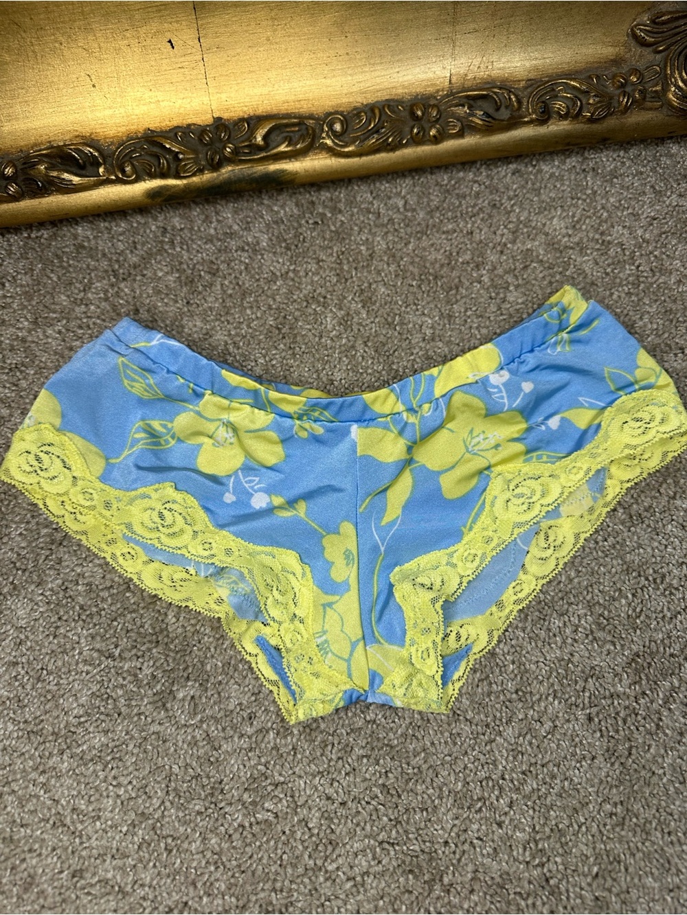 New Vintage Rene Rofe Y2K 90's Satin Lace Briefs Small Blue Yellow Lace Floral